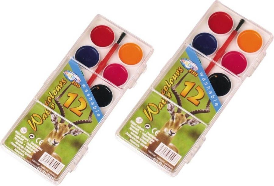 Merkloos Sans marque 2x stuks schilderen waterverf set 12 kleuren met kwastje Schmink waterverf Hobbymateriaal knutselmateriaal Aquarellen schilder benodigdheden Creatief speelgoed