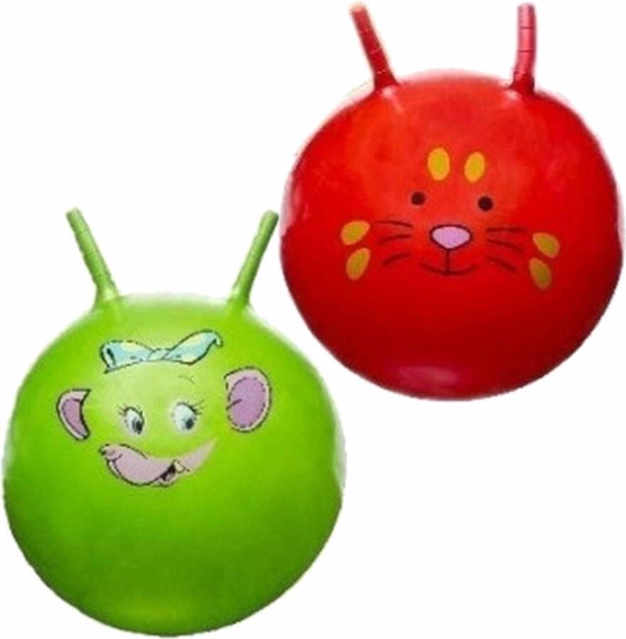 Merkloos Sans marque 2x stuks speelgoed Skippyballen met dieren gezicht rood en groen 46 cm Buitenspeelgoed