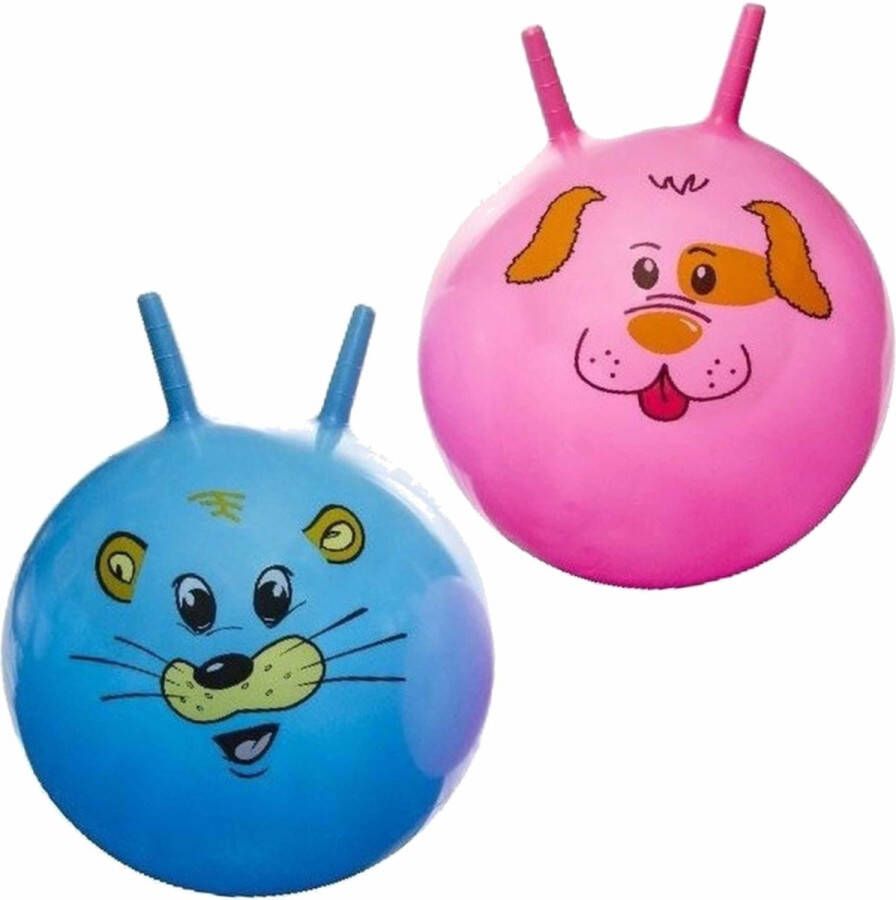 Merkloos Sans marque 2x stuks speelgoed Skippyballen met dieren gezicht roze en blauw 46 cm Buitenspeelgoed