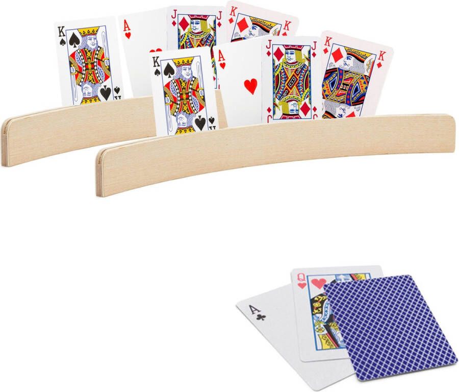 Merkloos Sans marque 2x stuks Speelkaarthouders inclusief 54 speelkaarten blauw geruit hout 35 cm kaarthouders