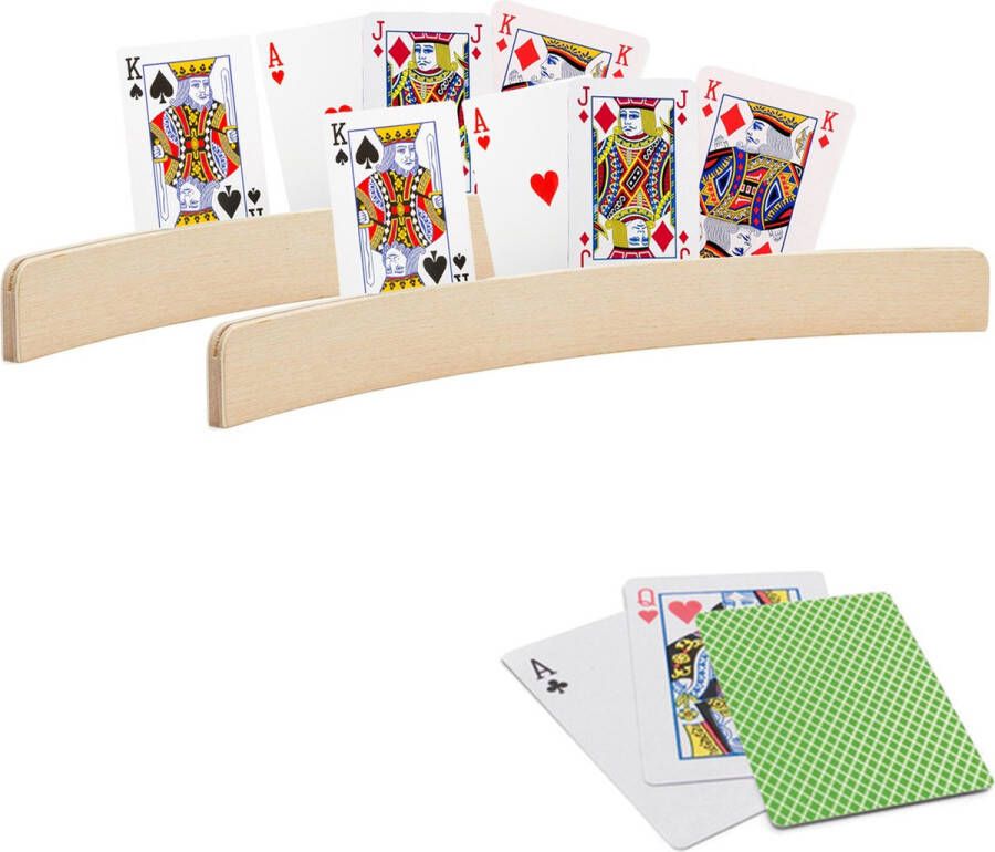 Merkloos Sans marque 2x stuks Speelkaarthouders inclusief 54 speelkaarten groen geruit hout 35 cm kaarthouders