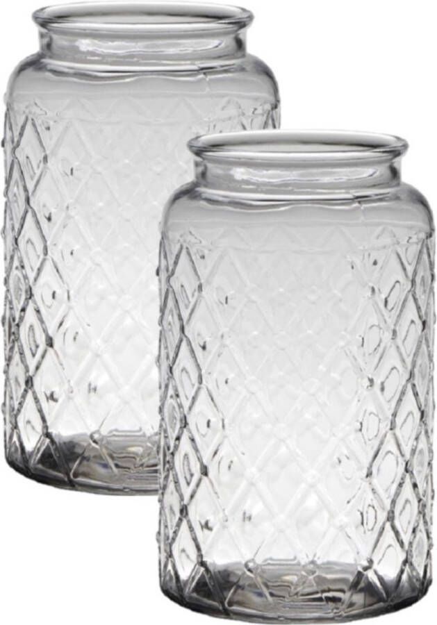 Bellatio Design 2x stuks transparante bloemenvaas met ruitjesprint van glas met hoogte 23 cm en diameter 16 cm