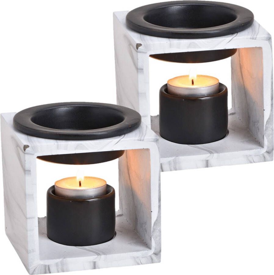 Merkloos Sans marque 2x stuks vierkante geurbrander oliebrander keramisch marmer wit 10 cm Waxbrander Aromabrander Geurbranders Geuroliebrander