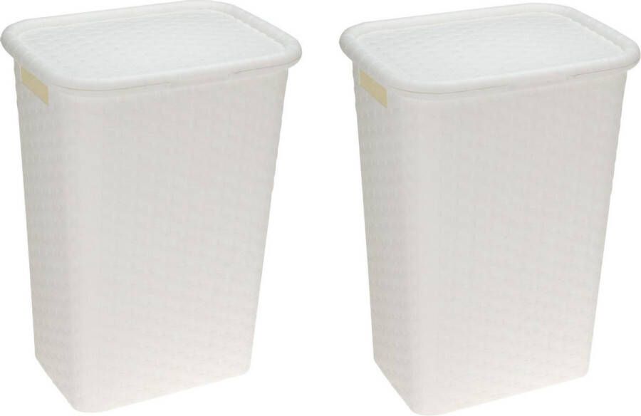 Merkloos Sans marque 2x stuks wasmanden rotan met deksel wit 60 liter Kunststof geweven wasmanden