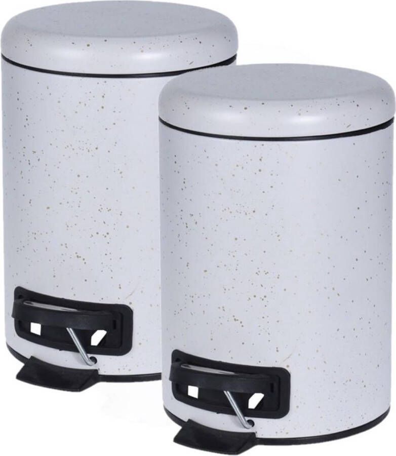 Merkloos Sans marque 2x stuks witte vuilnisbakken pedaalemmers met spikkels 3 liter kleine prullenbakken