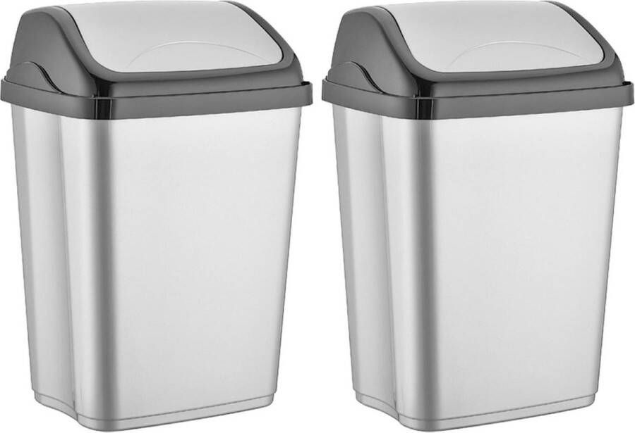 Merkloos Sans marque 2x stuks zilver zwarte vuilnisbak vuilnisemmer kunststof 5 liter Prullenbakken afvalbakken Kantoor keuken prullenbakken