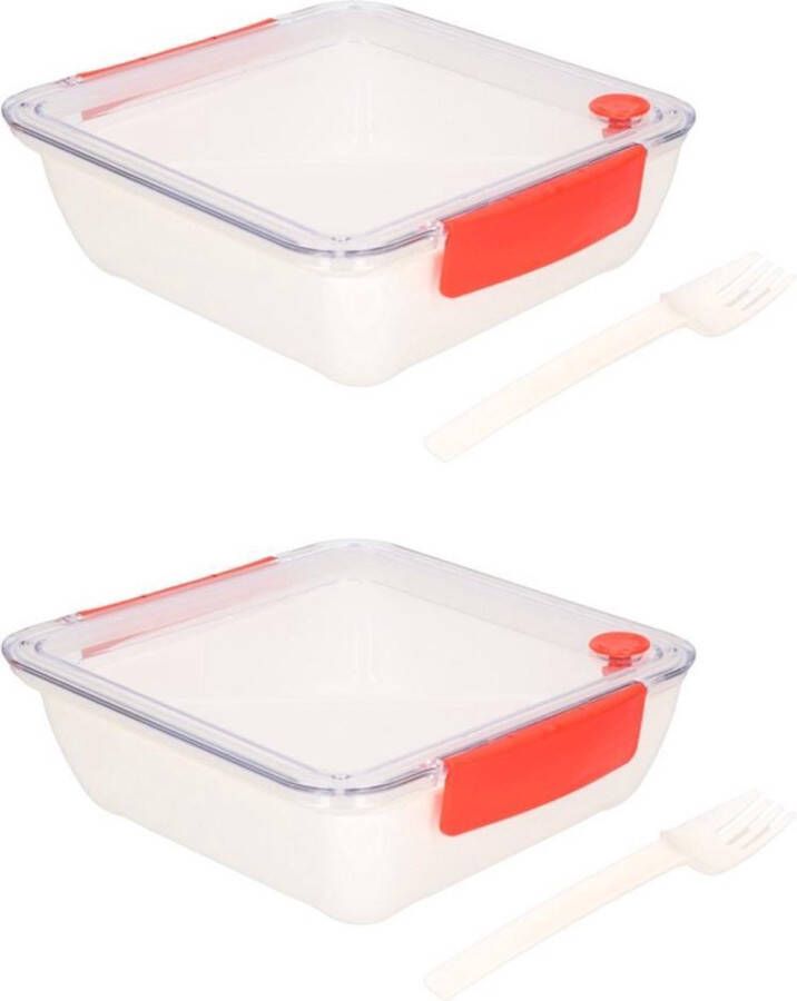 Merkloos Sans marque 2x Transparant rode lunchboxen met vorkje 1000 ml Voedselbewaar trommel broodtrommel