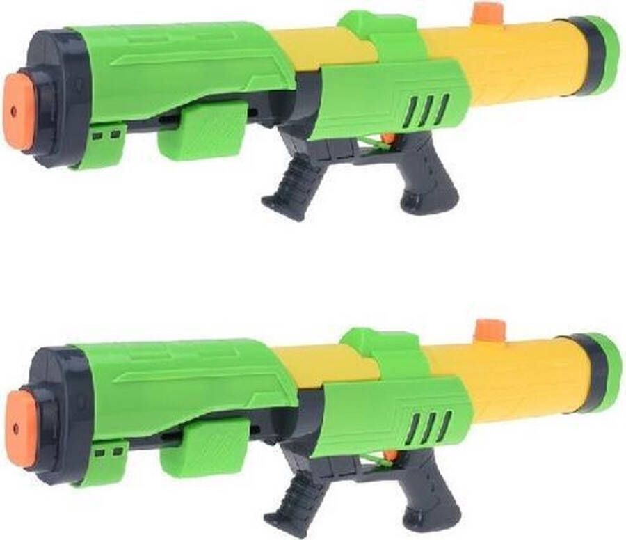 Merkloos Sans marque 2x Waterpistolen waterpistool groen geel van 63 cm met pomp kinderspeelgoed waterspeelgoed van kunststof grote waterpistolen met pomp