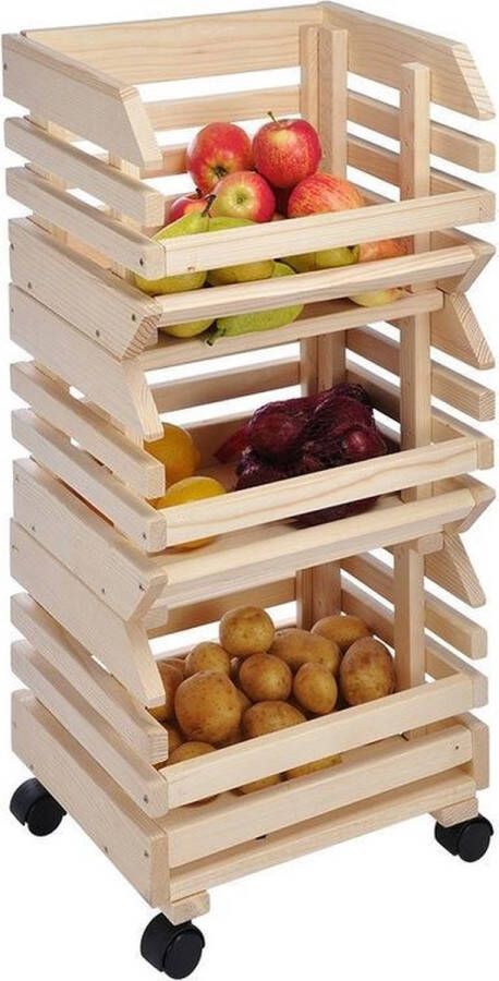 Merkloos Sans marque 3-Delige houten fruitkar karretje met houten fruitkisten 80 cm Fruitschalen fruitkistjes trolley