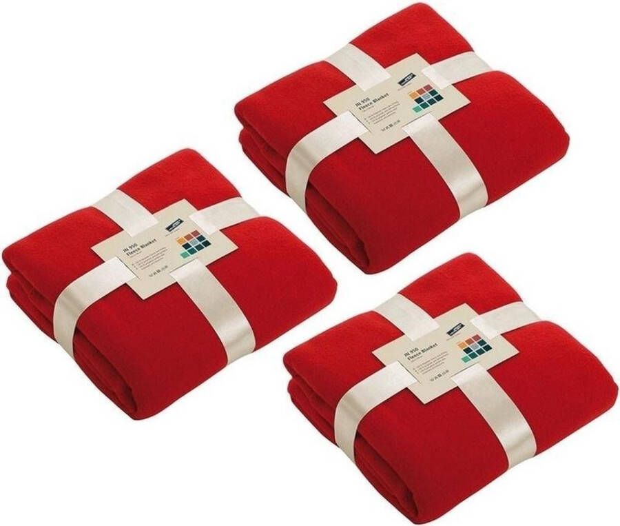 Merkloos Sans marque 3x Fleece dekens plaids rood 130 x 170 cm Woondeken Fleecedekens
