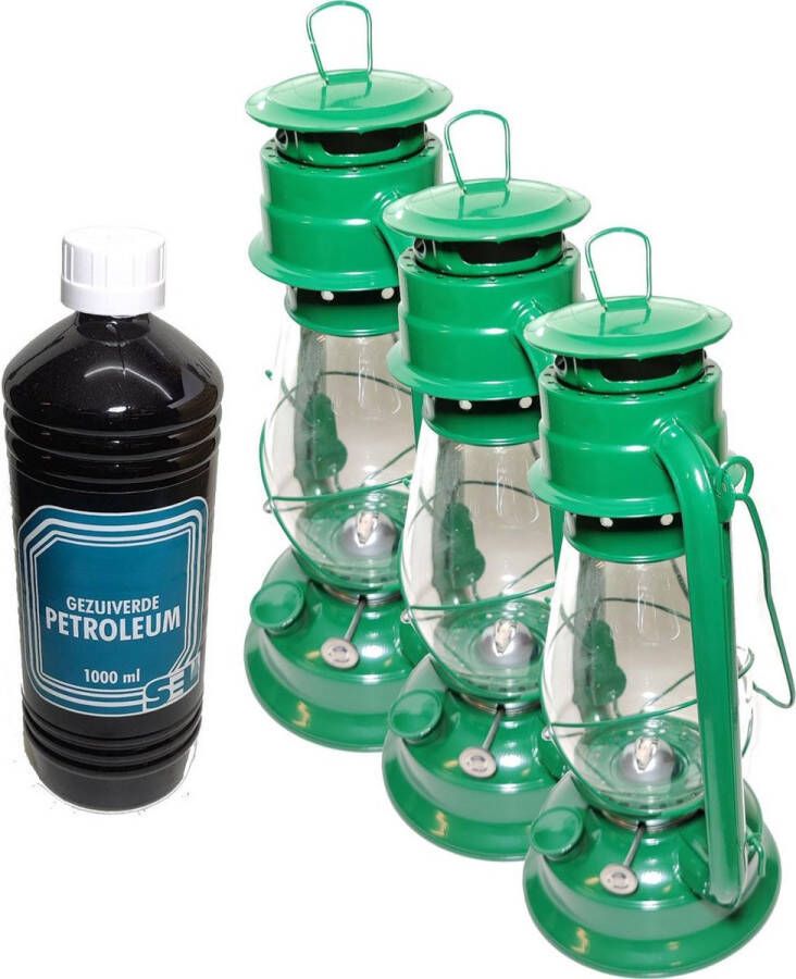 Merkloos Sans marque 3x Groene Stormlantaarn olielamp windlicht 30cm +1 liter fles gezuiverde petroleum