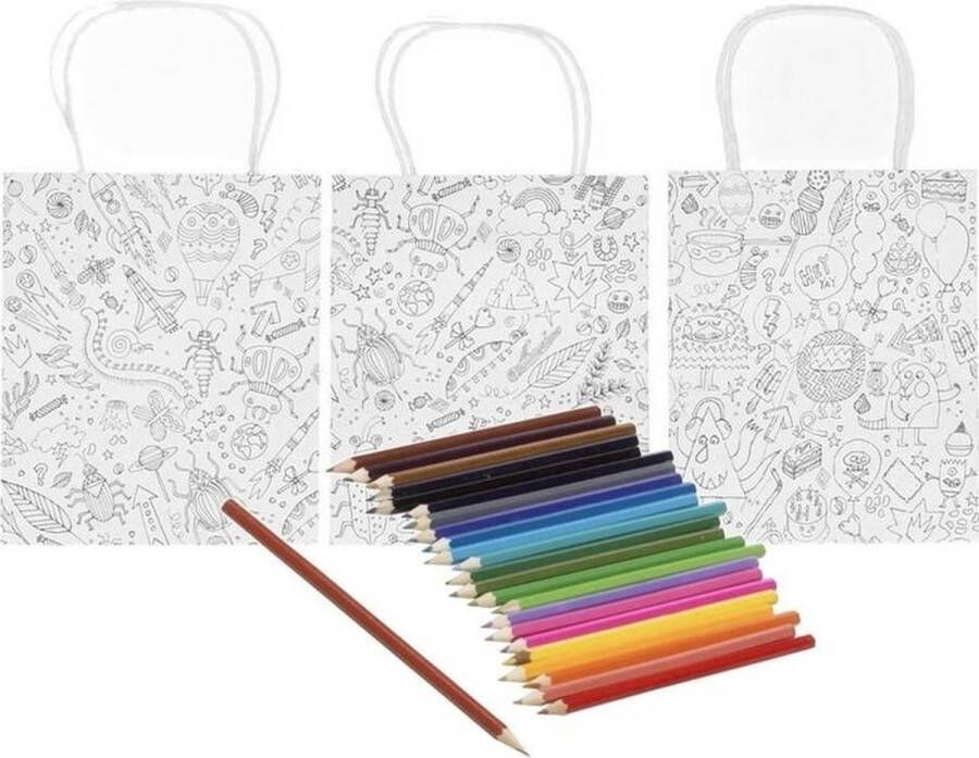 Merkloos Sans marque 3x Knutsel papieren tassen tasjes om in te kleuren met 24 kleurpotloden voor kinderen Knutselmateriaal tas inkleuren