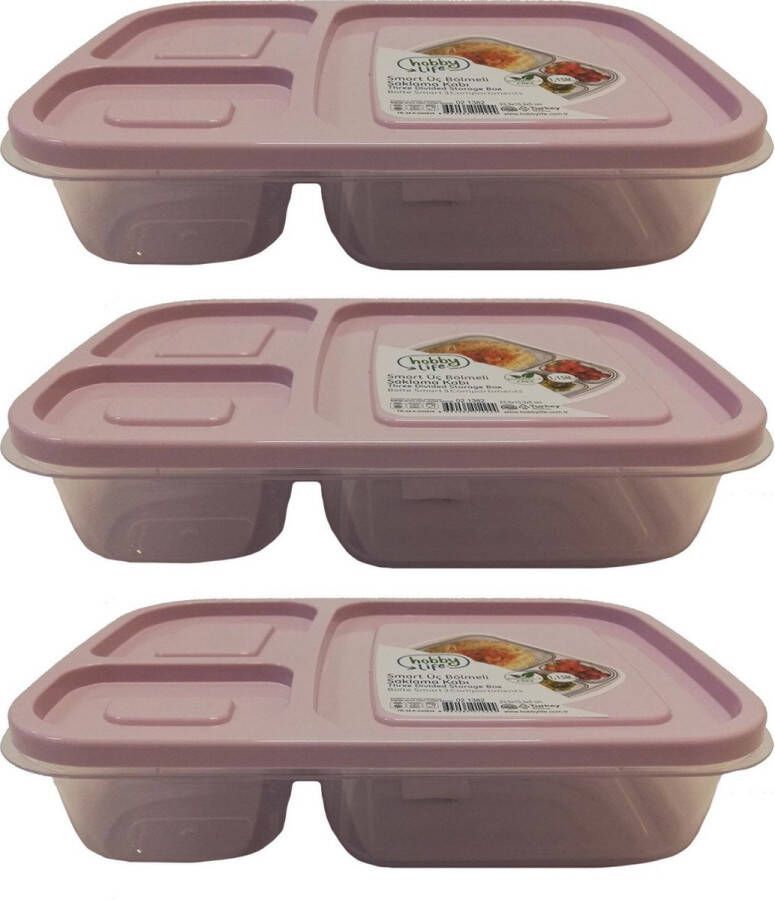 Merkloos Sans marque 3x Lunchboxen bewaarbakjes 3- vaks met deksel 2.6 liter Keukenbenodigdheden Eten bewaren Vershoudbakjes