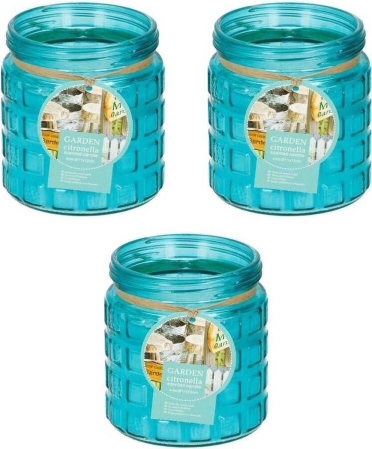 Merkloos Sans marque 3x stuks citronella kaarsen tegen insecten in glazen pot 12 cm blauw Anti muggen insecten