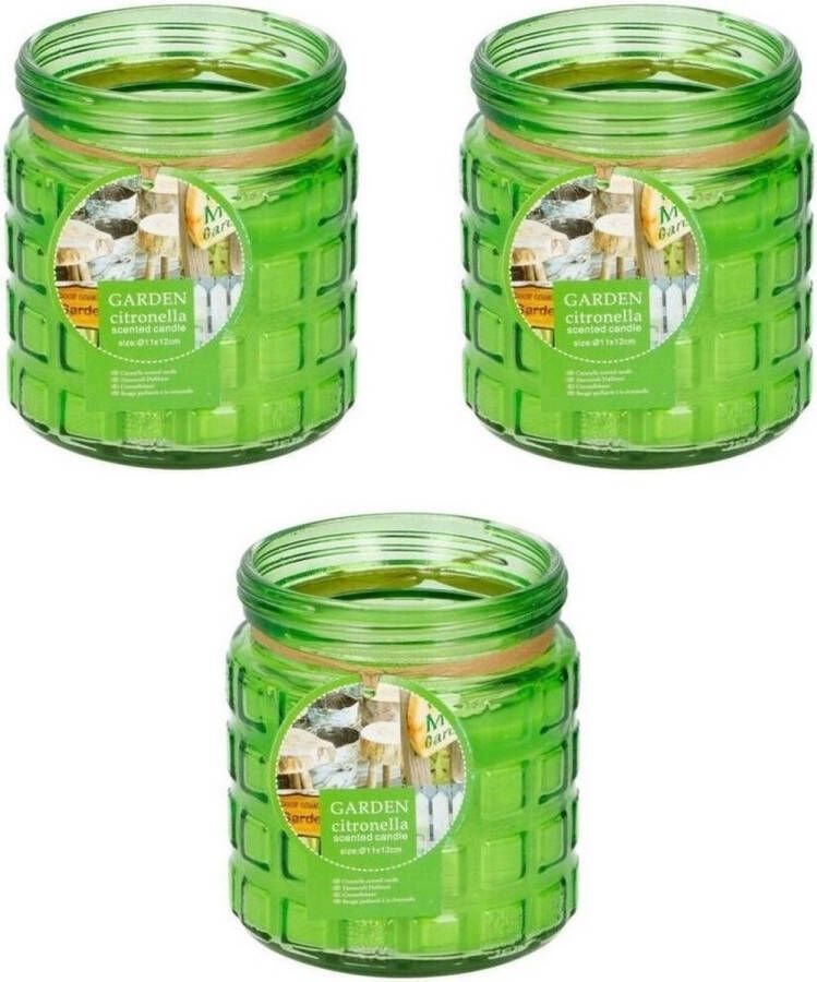 Merkloos Sans marque 3x stuks citronella kaarsen tegen insecten in glazen pot 12 cm groen Anti-muggen insecten