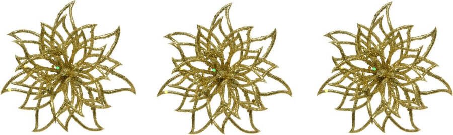 Merkloos Sans marque 3x stuks decoratie bloemen kerststerren goud glitter clip 14 cm Decoratiebloemen kerstboomversiering kerstversiering