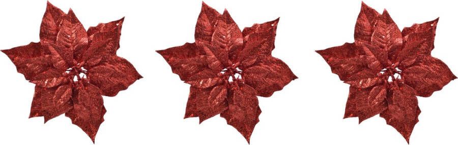 Merkloos Sans marque 3x stuks decoratie bloemen kerststerren rood glitter op clip 23 cm Decoratiebloemen kerstboomversiering kerstversiering