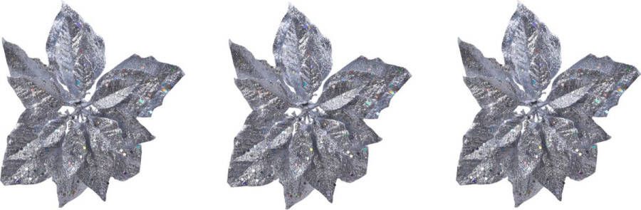 Merkloos Sans marque 3x stuks decoratie bloemen kerststerren zilver glitter op clip 23 cm Decoratiebloemen kerstboomversiering