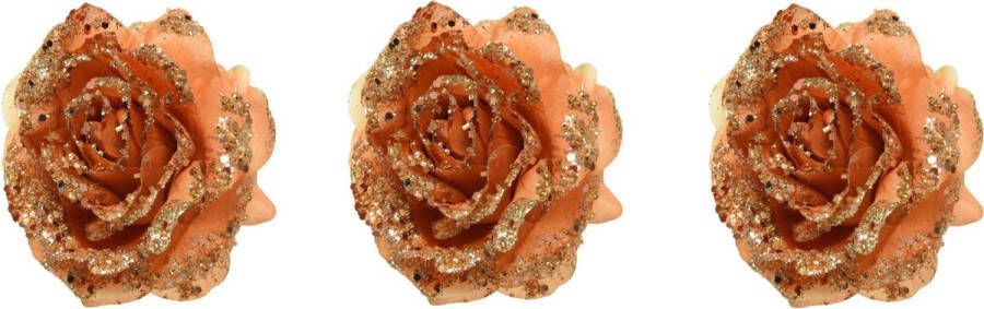 Merkloos Sans marque 3x stuks decoratie bloemen roos terra bruin glitter op clip 14 cm Decoratiebloemen kerstboomversiering kerstversiering
