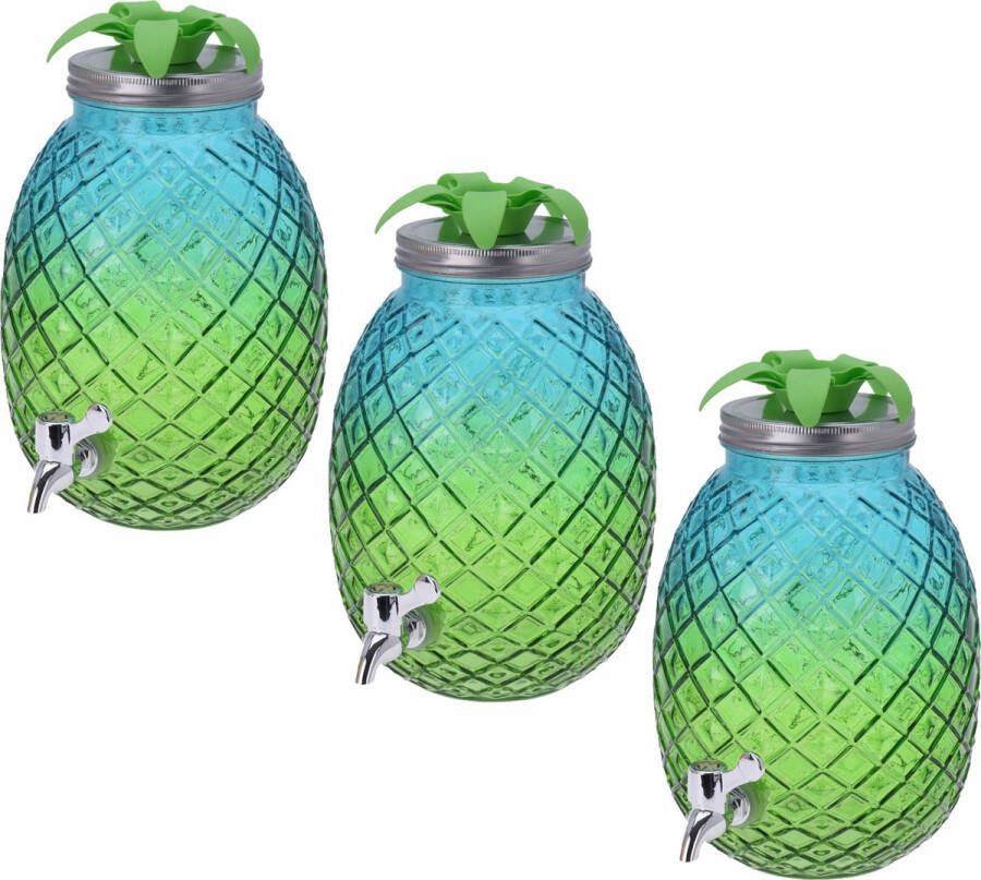 Merkloos Sans marque 3x Stuks glazen drank dispenser ananas blauw groen 4 7 liter Dranken serveren Drankdispensers