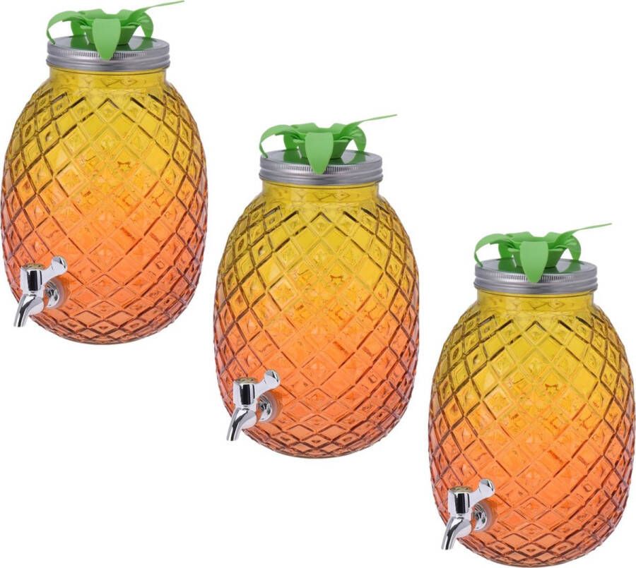 Merkloos Sans marque 3x stuks glazen drank dispenser ananas geel oranje 4 7 liter Dranken serveren Drankdispensers