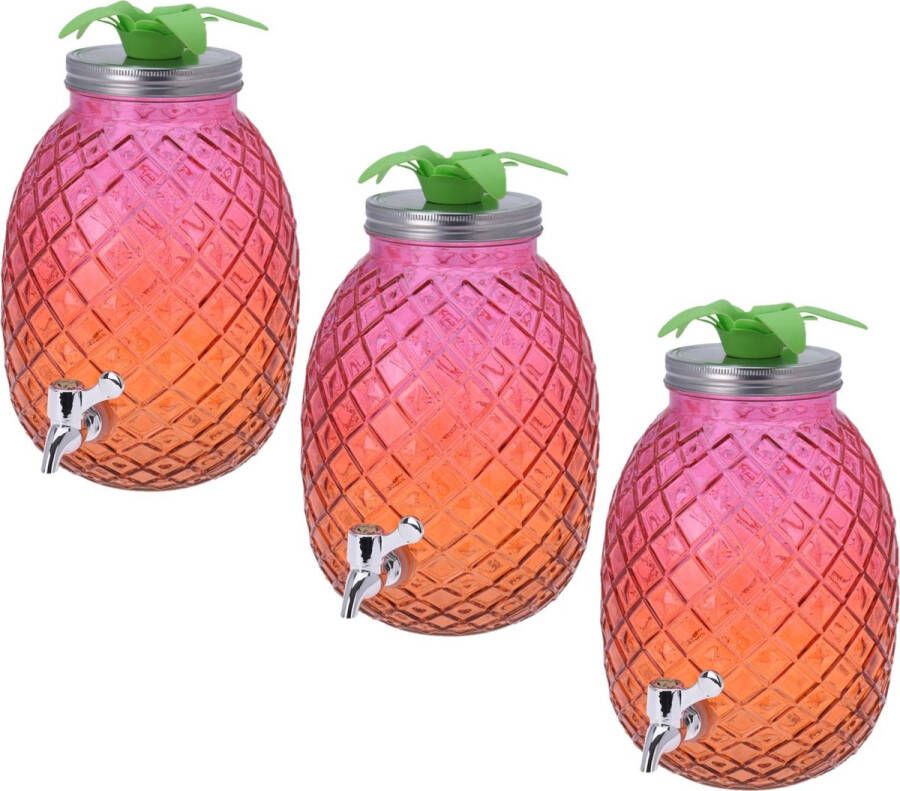 Merkloos Sans marque 3x stuks glazen drank dispenser ananas roze oranje 4 7 liter Dranken serveren Drankdispensers