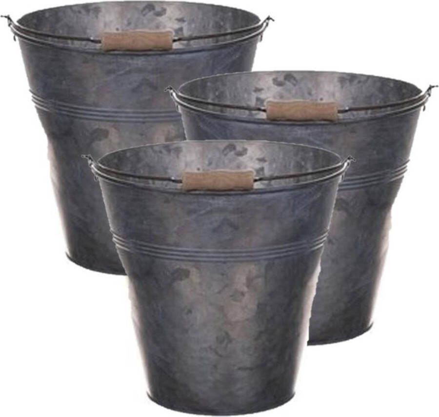 Merkloos Sans marque 3x stuks metalen zinken emmer grijs 13 liter Huishoud dranken emmers Bloempot plantenpot
