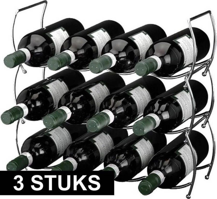 Merkloos Sans marque 3x Wijnrek 3-delig voor 12 flessen stapelbaar stackable verchroomd RVS Wijnrekken