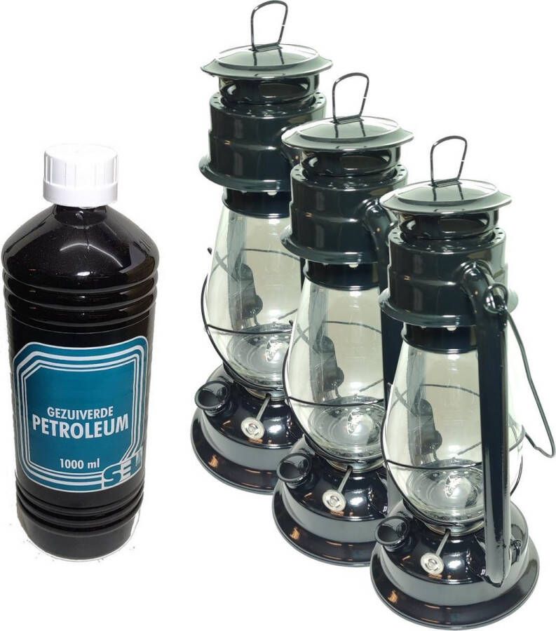 3x Zwarte Stormlantaarn olielamp windlicht 30cm +1 liter fles gezuiverde petroleum