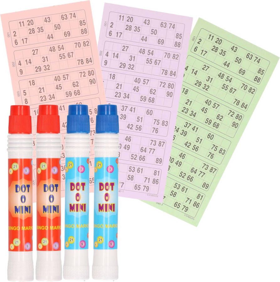 Merkloos Sans marque 4x Bingostiften markeerstiften 2x stuks in de kleuren blauw rood met 100x papieren bingokaarten van 1-90