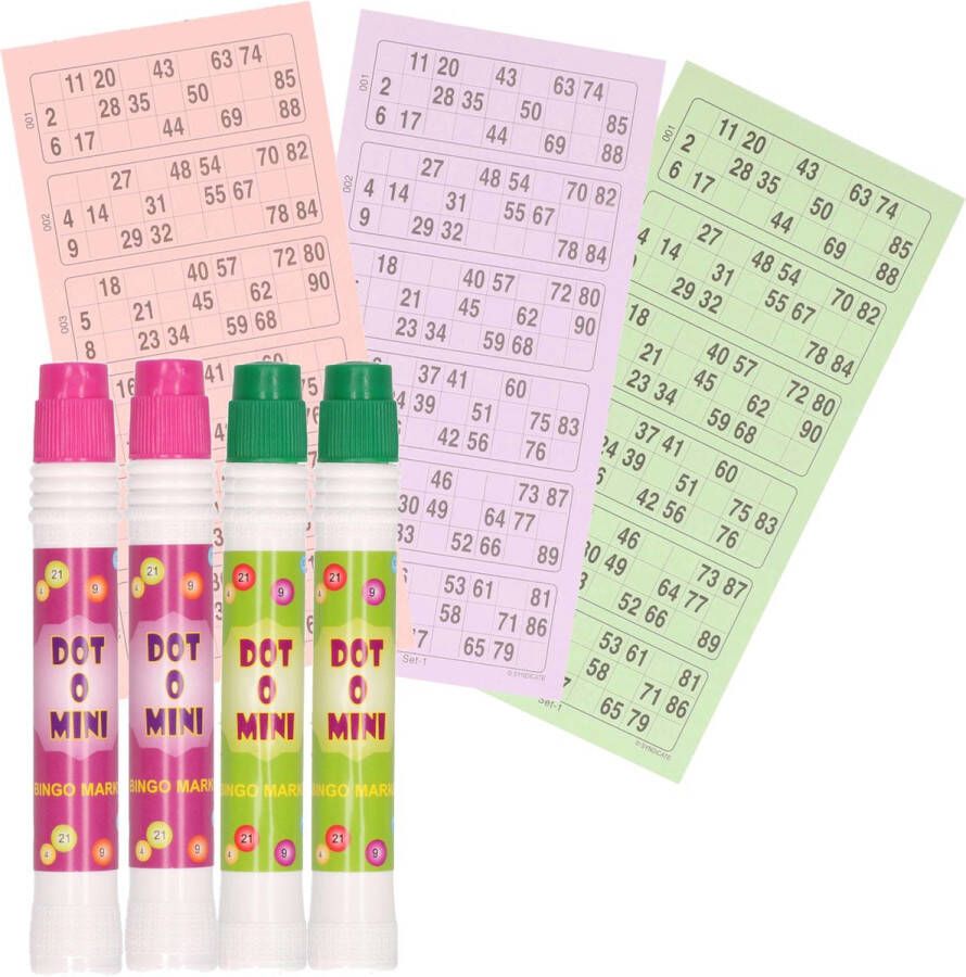 Merkloos Sans marque 4x Bingostiften Markeerstiften 2x stuks in de kleuren groen paars met 100x papieren bingokaarten van 1-90