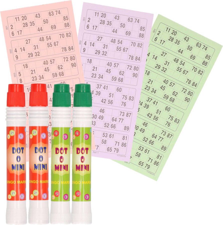 Merkloos Sans marque 4x Bingostiften markeerstiften 2x stuks in de kleuren groen rood met 100x papieren bingokaarten van 1-90