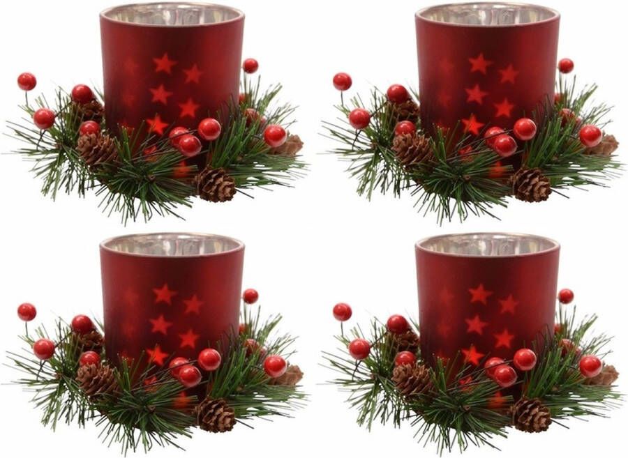 Merkloos 4x Kerstdecoratie theelichthouders rood 8 cm Waxinelichtjeshouders