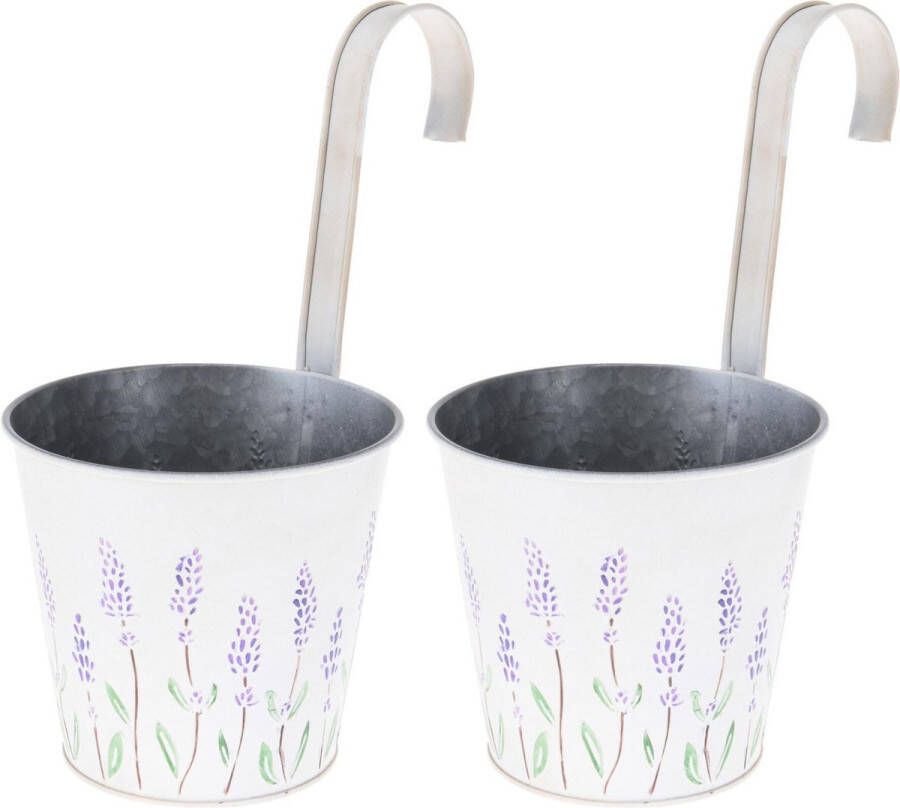 Merkloos Sans marque 4x stuks bloempotten plantenbakken zinken emmer met ophanghaak creme wit met lavendel 14x13x26 cm Balkon schutting plantenpot