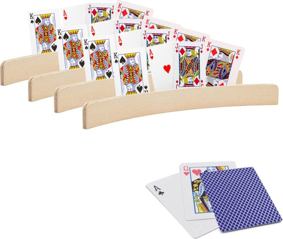 Merkloos Sans marque 4x stuks Speelkaarthouders inclusief 54 speelkaarten blauw geruit hout 35 cm kaarthouders