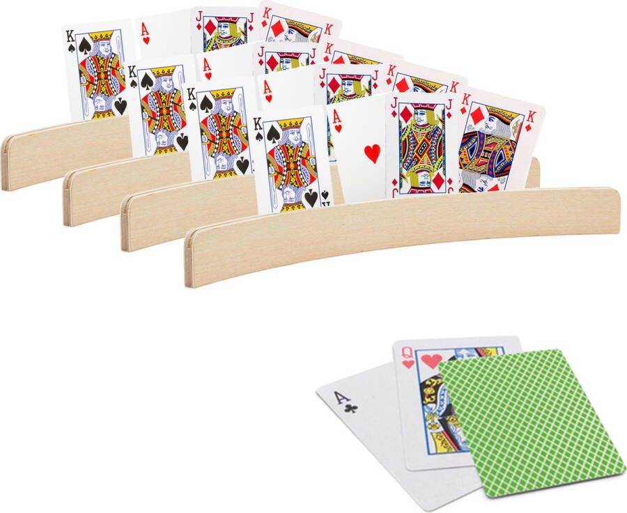 Merkloos Sans marque 4x stuks Speelkaarthouders inclusief 54 speelkaarten groen geruit hout 35 cm kaarthouders