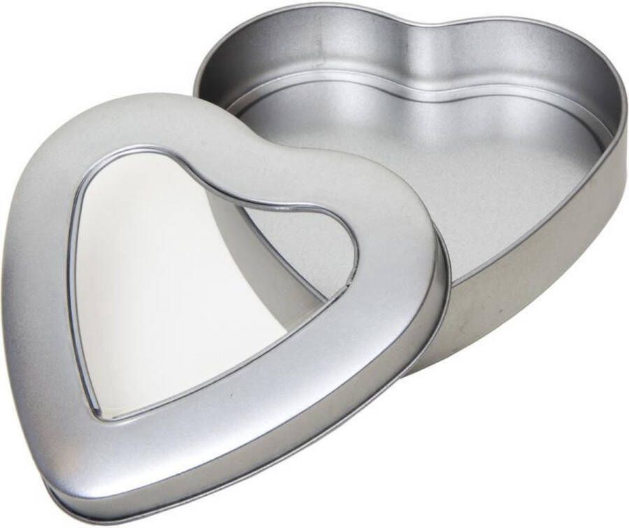 Merkloos Sans marque 4x Zilveren hart opbergblik bewaarblik 13 cm met venster Cadeauverpakking zilveren voorraadblikken