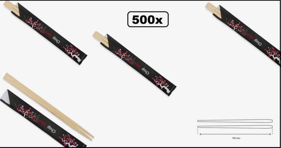 500x Chopsticks Eetstokjes 21cm in zwart hoesje sushi chop sticks eet stokje chinees japan indisch festival food thema feest