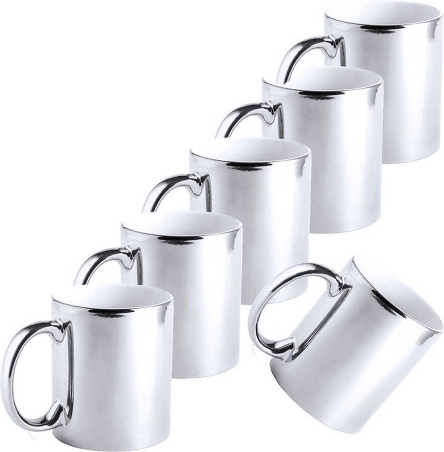 Merkloos Sans marque 6x Metallic zilveren koffiebekers theemokken keramisch 350 ml Servies Bekers mokken