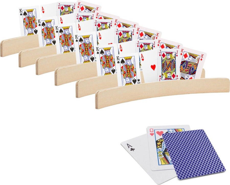 Merkloos Sans marque 6x stuks Speelkaarthouders inclusief 54 speelkaarten blauw geruit hout 35 cm kaarthouders