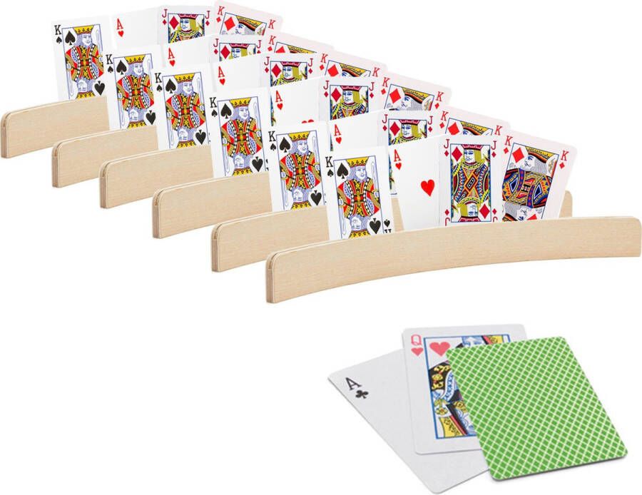 Merkloos Sans marque 6x stuks Speelkaarthouders inclusief 54 speelkaarten groen geruit hout 35 cm kaarthouders