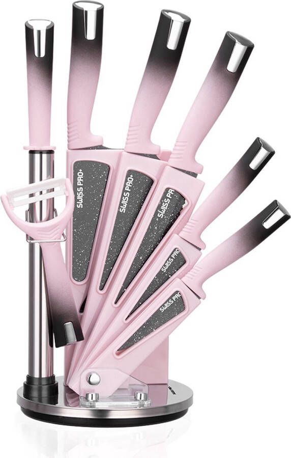 Merkloos Sans marque 8-delige Keukenmessenset met Standaard | Keramisch- keuken Messenset | RVS | Inclusief Messenblok | Pink- roze- messen set