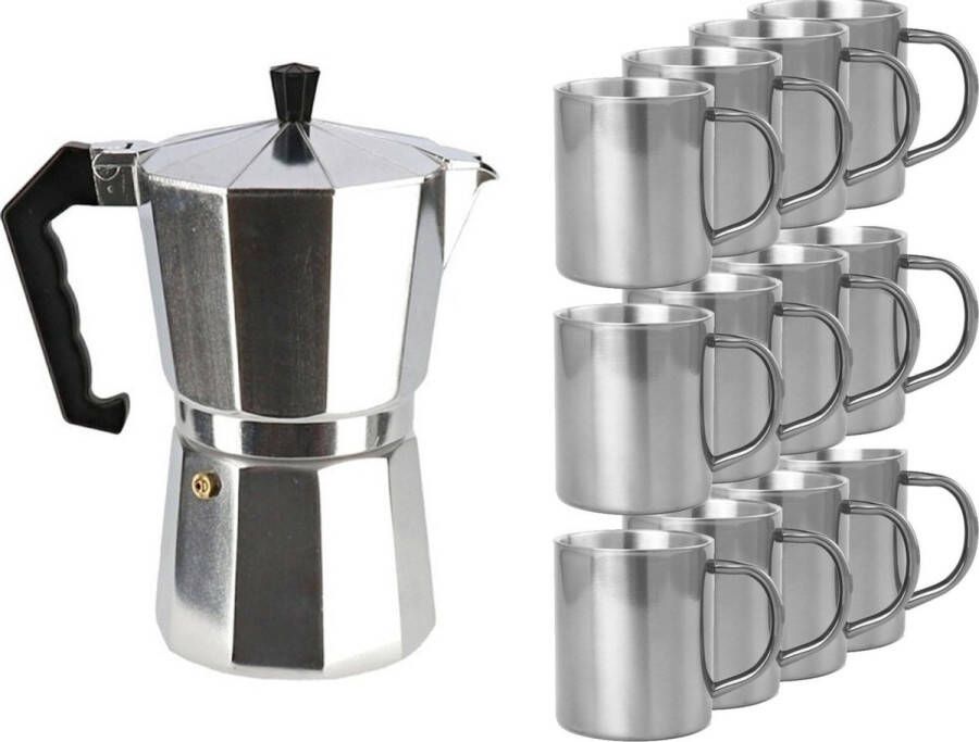 Aluminium moka koffiemaker met 12x RVS kopjes