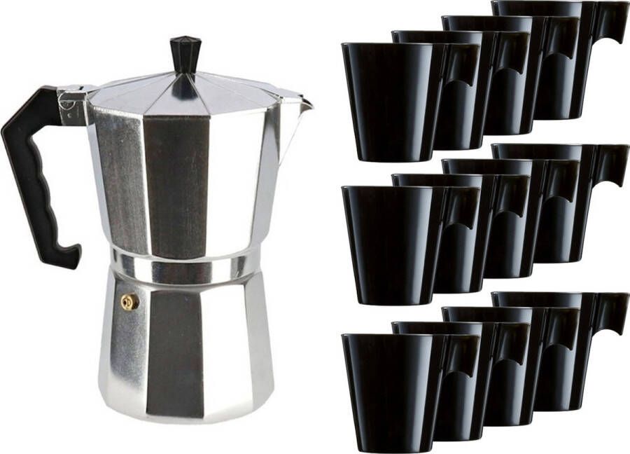 Aluminium moka koffiemaker met 12x zwarte kopjes