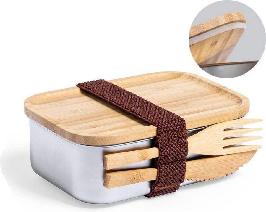 Merkloos Lunchbox broodtrommel met bestek bamboe rvs 16 x 11 x 5.6 cm Broodtrommels