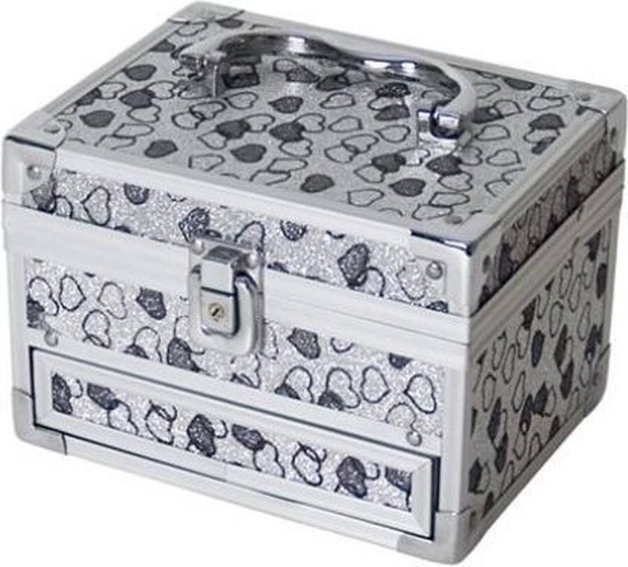 Merkloos Sans marque Beautycase met grijze hartjes en extra vakjes 18 x 14 x 18 cm Make up koffers Sieradenkist juwelenkist