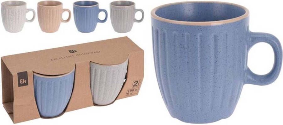 Excellent Houseware -Beker Koffie beker 2 stuks- blauw grijs keramiek 150 ml beker met oor koffiemokje koffie mokje Senseomokje- Senseo mokje