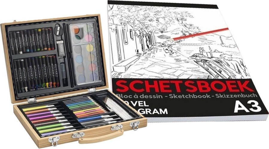 Bellatio Design 67-delige potloden tekenen set in luxe koffer met A3 schetsboek met 20 vellen