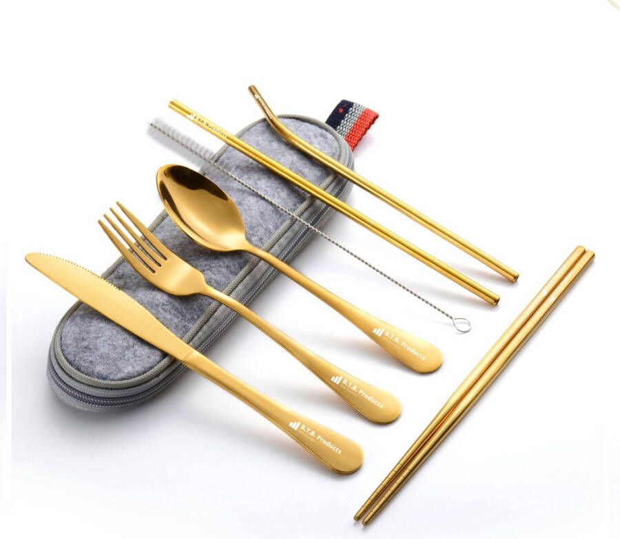 Bestekset – Reisbestek – Kampeer Bestek – Chopsticks – Achtdelig – Duurzaam – RVS – Goud
