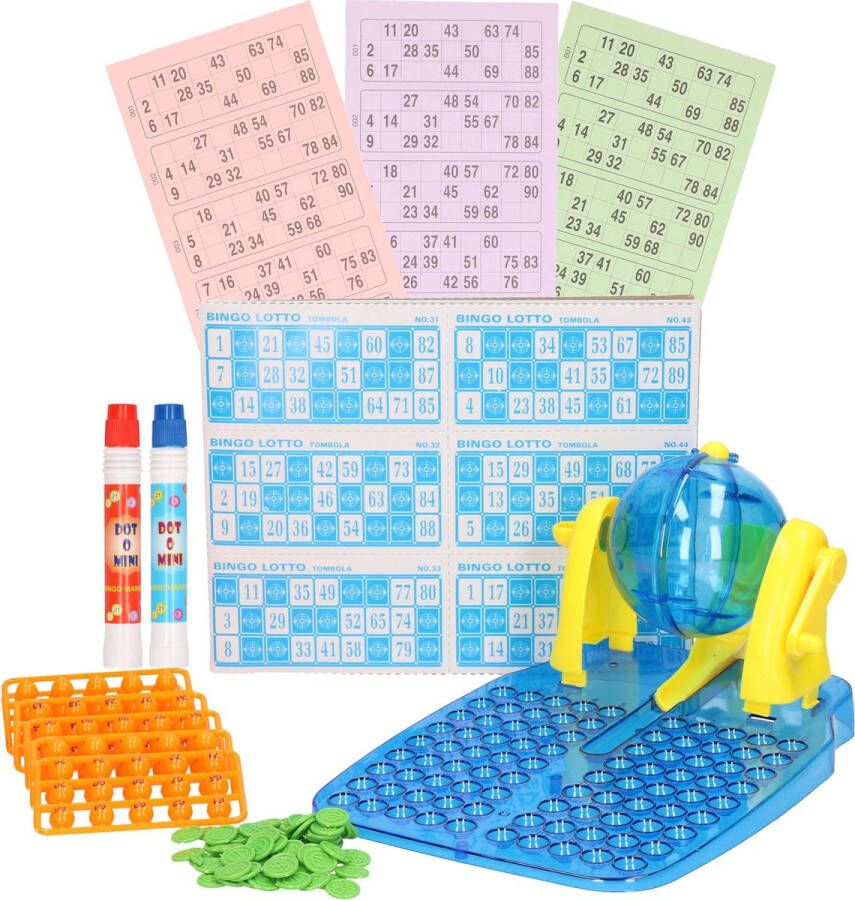 Merkloos Sans marque Bingo spel blauw geel complete set nummers 1-90 met molen 148x bingokaarten en 2x stiften Bingospel Bingo spellen Bingomolen met bingokaarten en bingostiften Bingo spelen